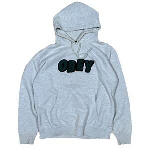 Obey Hoodie Skater Sweatshirt Raised Embroidered Logo Heather Gray Y2K Medium